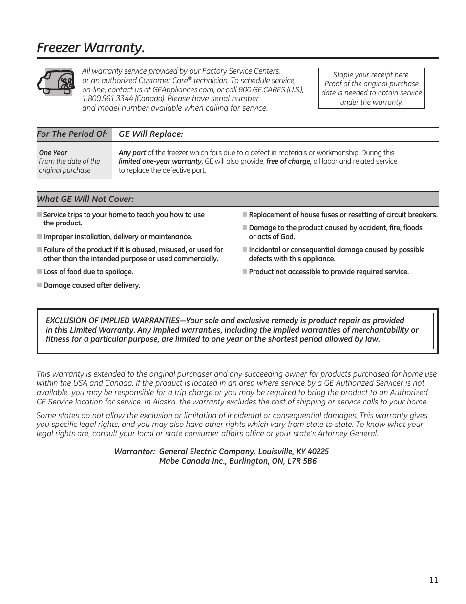 Freezer warranty | GE FCM7SUWW User Manual | Page 11 / 36
