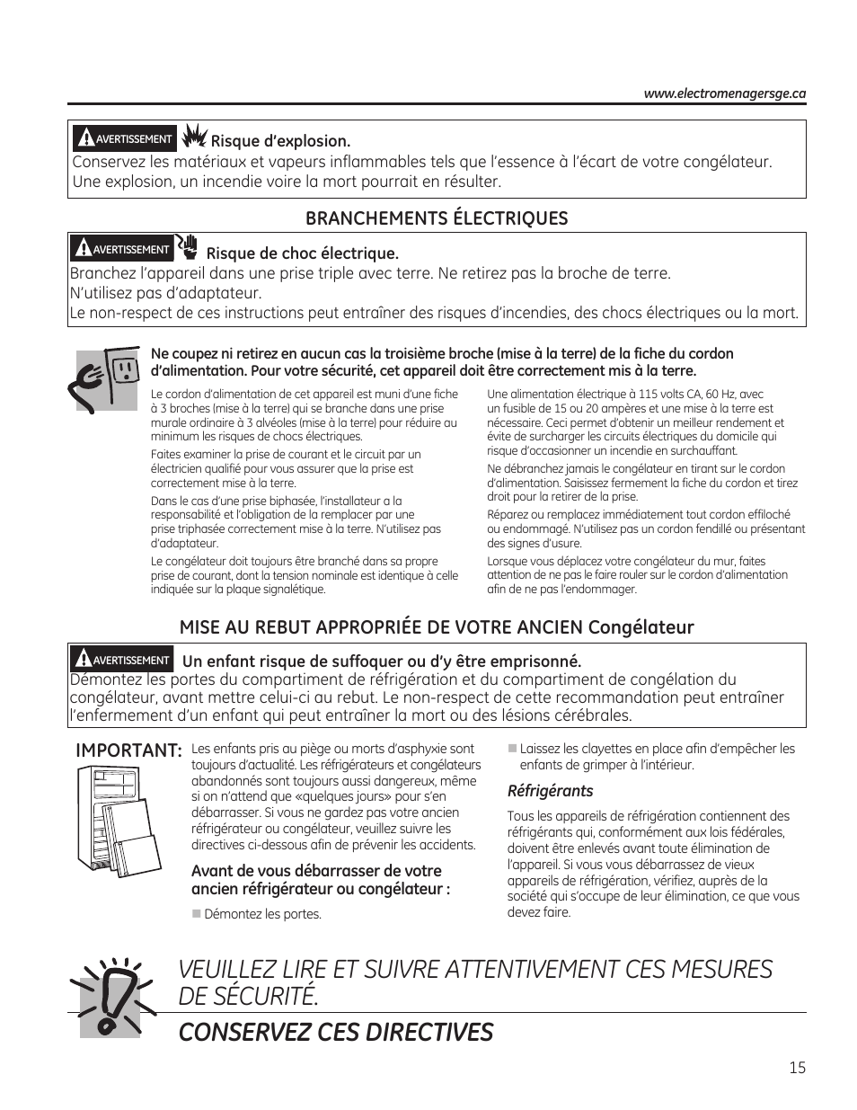 Important, Branchements électriques | GE FCM7SUWW User Manual | Page 15 / 36