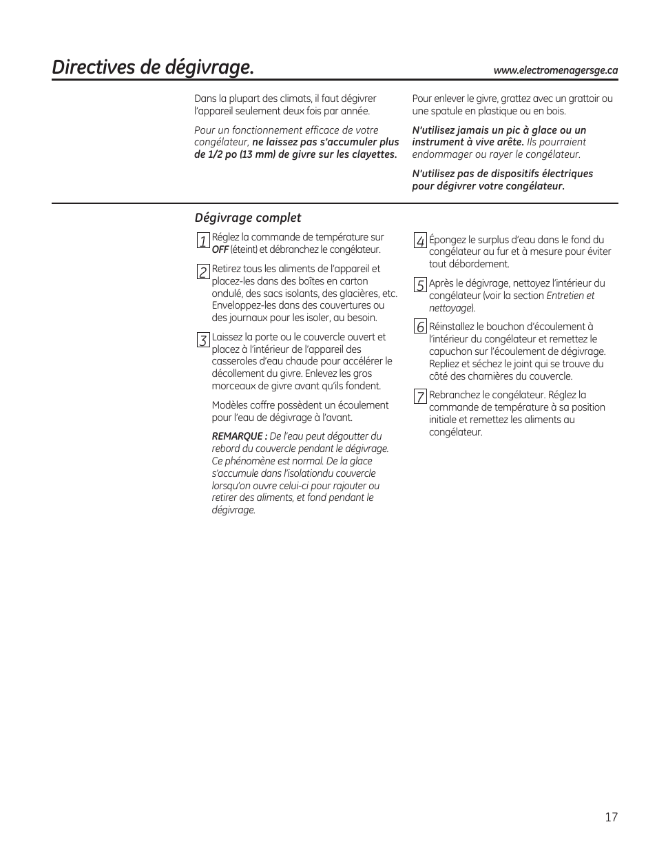 Directives de dégivrage | GE FCM7SUWW User Manual | Page 17 / 36