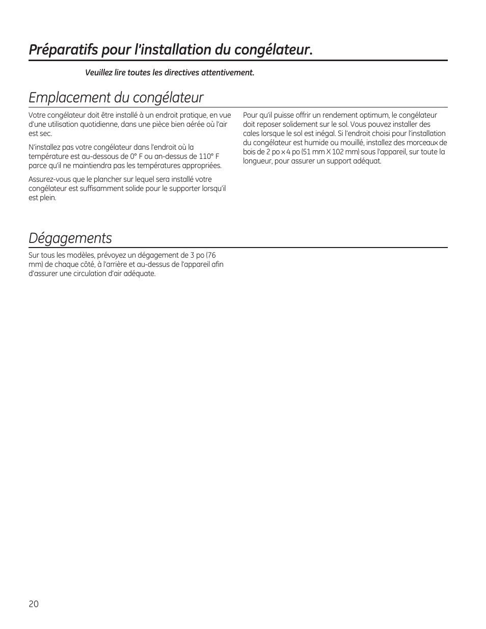 Préparatifs pour l’installation du congélateur, Emplacement du congélateur, Dégagements | GE FCM7SUWW User Manual | Page 20 / 36