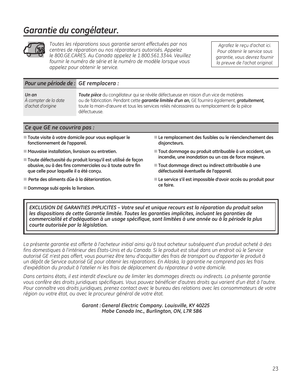 Garantie du congélateur | GE FCM7SUWW User Manual | Page 23 / 36