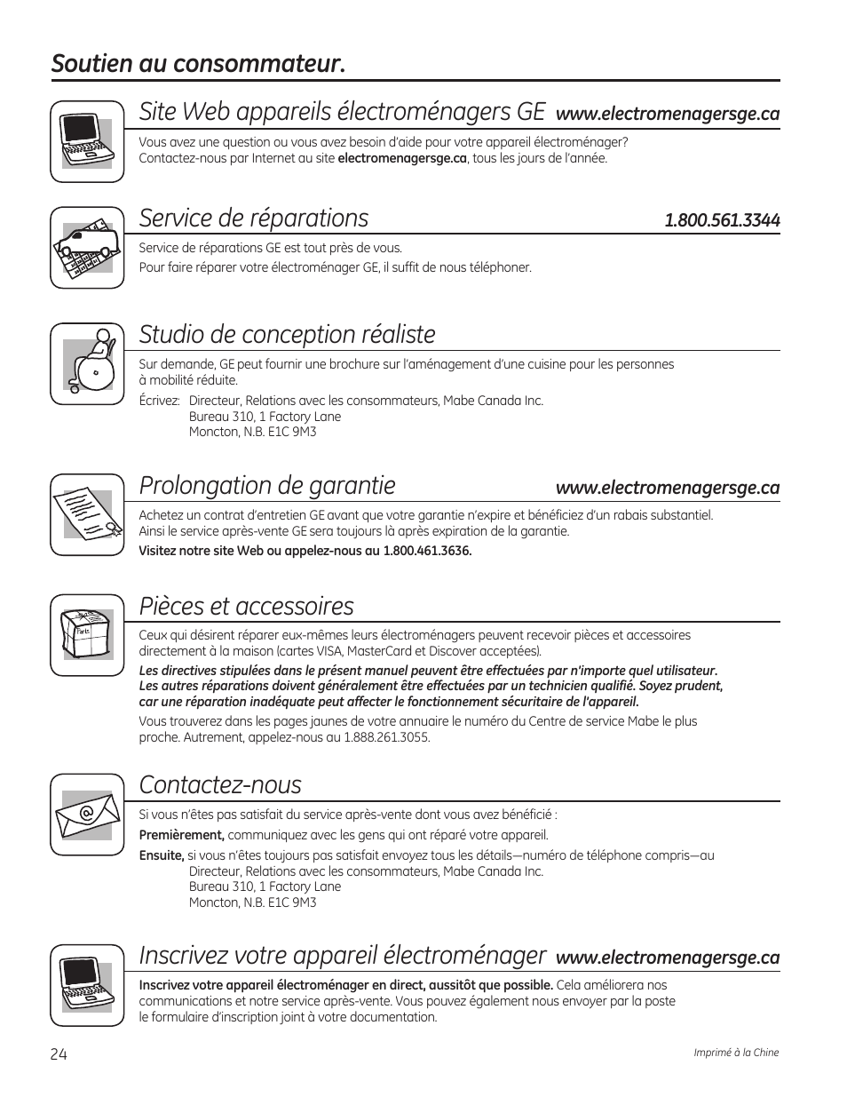 Service de réparations, Studio de conception réaliste, Prolongation de garantie | Pièces et accessoires, Contactez-nous, Inscrivez votre appareil électroménager | GE FCM7SUWW User Manual | Page 24 / 36