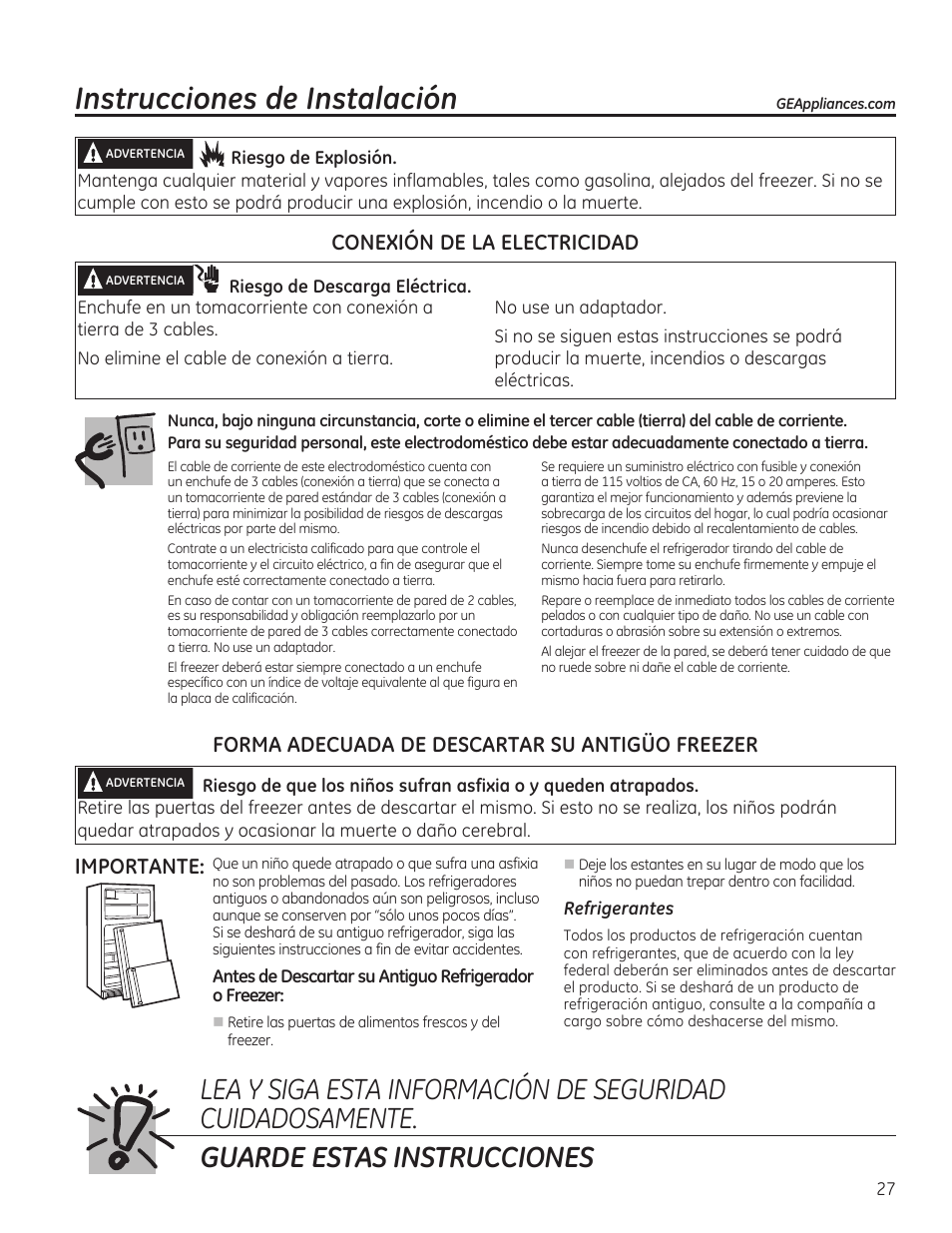 Instrucciones de instalación, Forma adecuada de descartar su antigüo freezer, Importante | Conexión de la electricidad | GE FCM7SUWW User Manual | Page 27 / 36