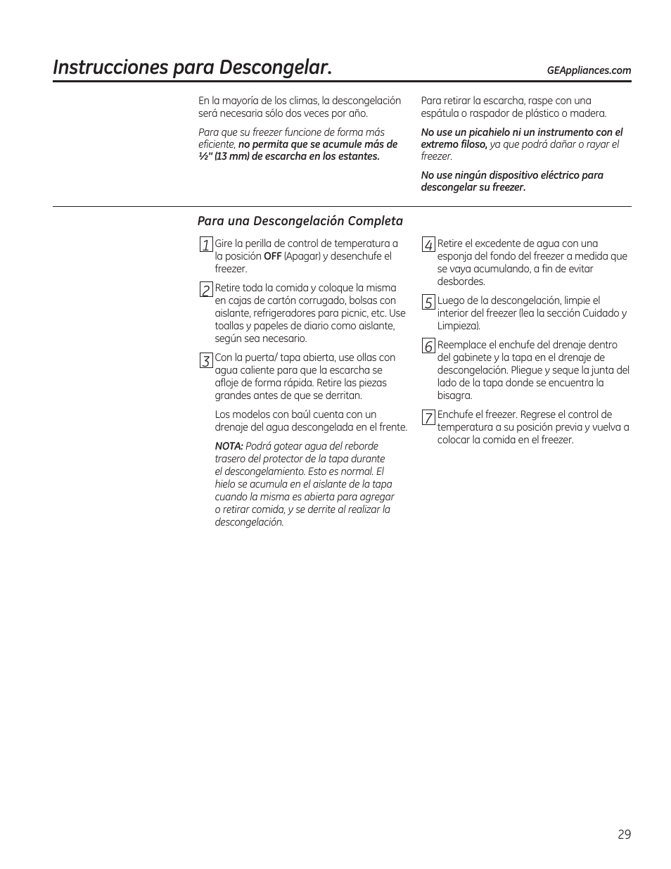 Instrucciones para descongelar | GE FCM7SUWW User Manual | Page 29 / 36