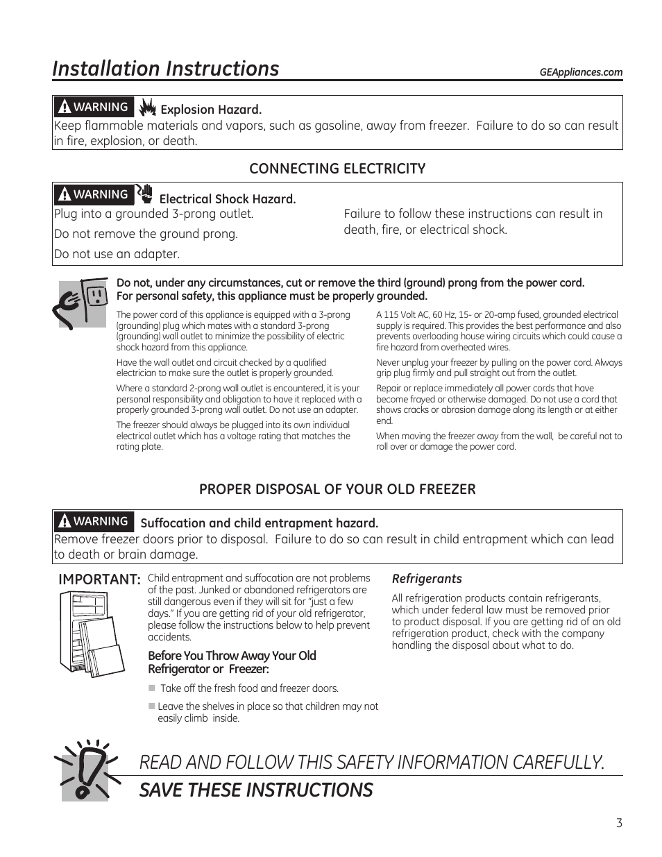 Installation instructions, Proper disposal of your old freezer, Important | Connecting electricity | GE FCM7SUWW User Manual | Page 3 / 36