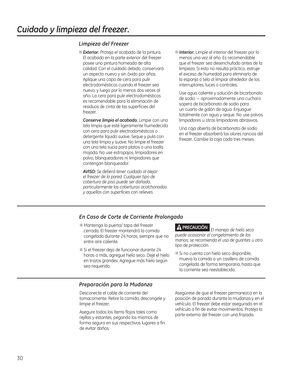Cuidado y limpieza del freezer | GE FCM7SUWW User Manual | Page 30 / 36