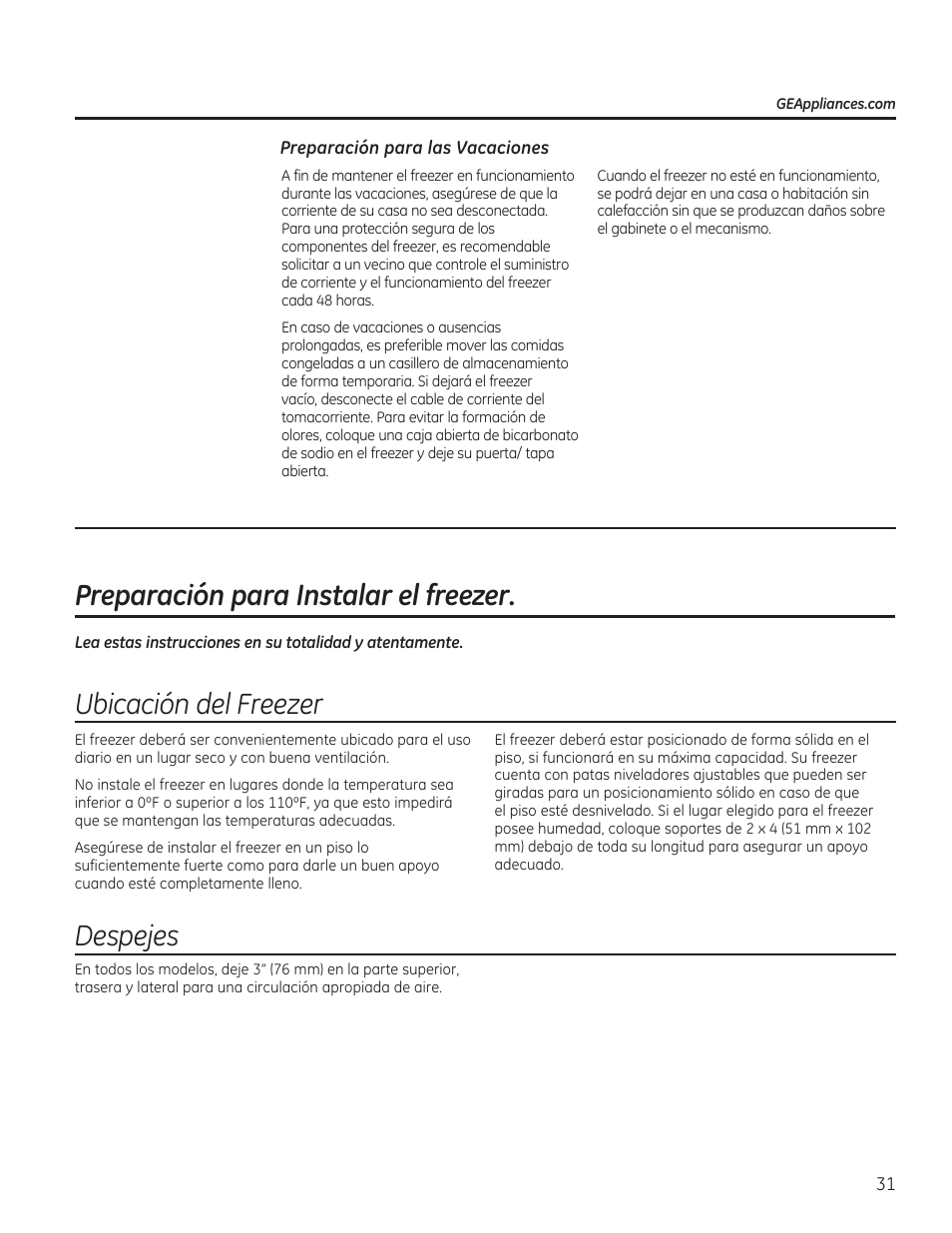 Preparación para instalar el freezer, Ubicación del freezer, Despejes | GE FCM7SUWW User Manual | Page 31 / 36
