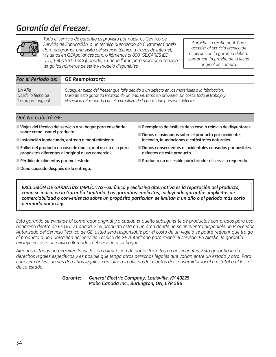 Garantía del freezer | GE FCM7SUWW User Manual | Page 34 / 36