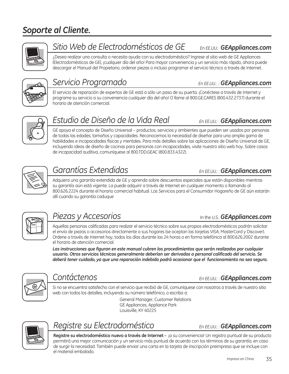 Soporte al cliente. registre su electrodoméstico, Sitio web de electrodomésticos de ge, Servicio programado | Estudio de diseño de la vida real, Garantías extendidas, Piezas y accesorios, Contáctenos | GE FCM7SUWW User Manual | Page 35 / 36