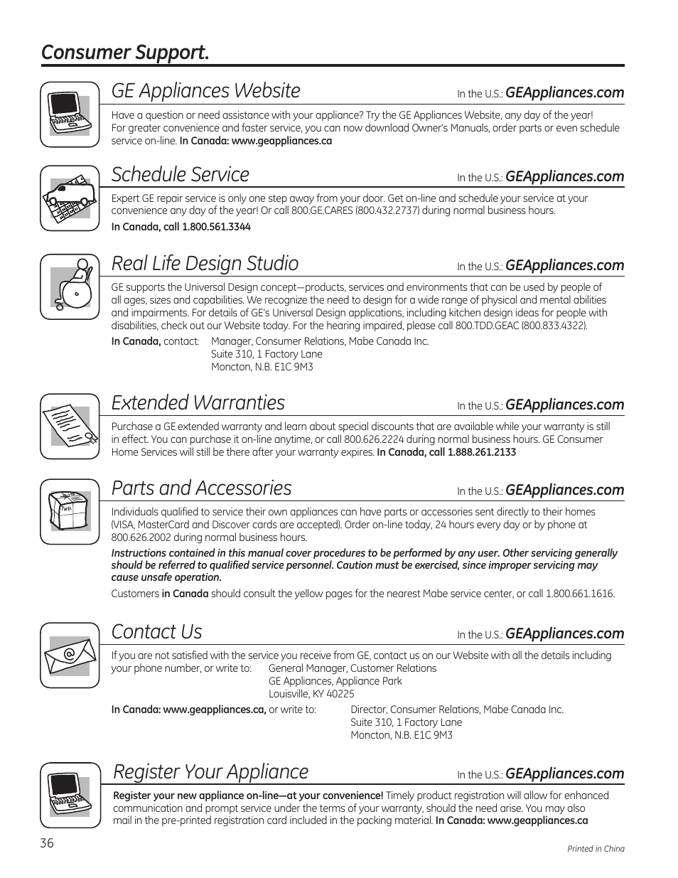 Consumer support. register your appliance, Ge appliances website, Schedule service | Real life design studio, Extended warranties, Parts and accessories, Contact us | GE FCM7SUWW User Manual | Page 36 / 36