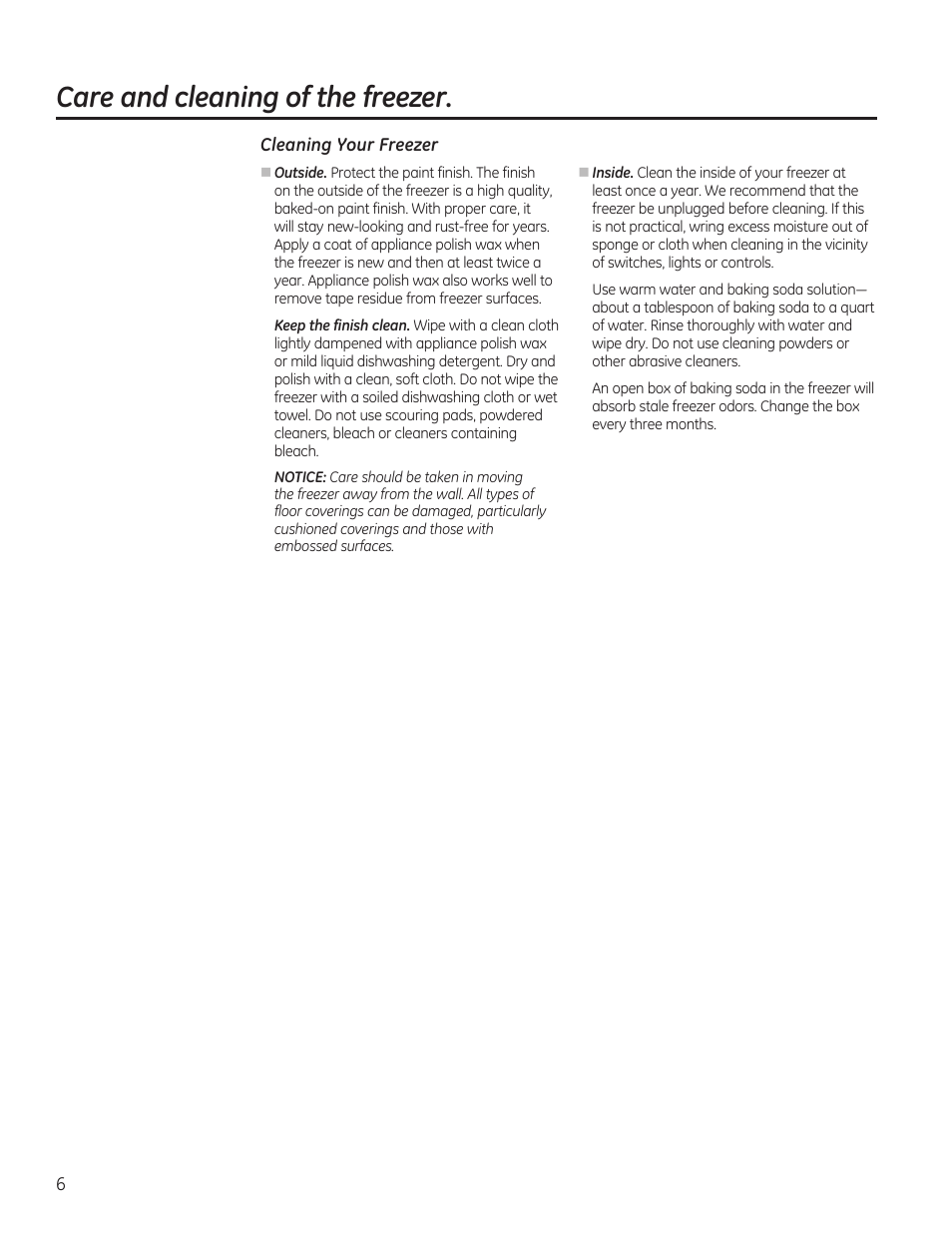Care and cleaning of the freezer | GE FCM7SUWW User Manual | Page 6 / 36