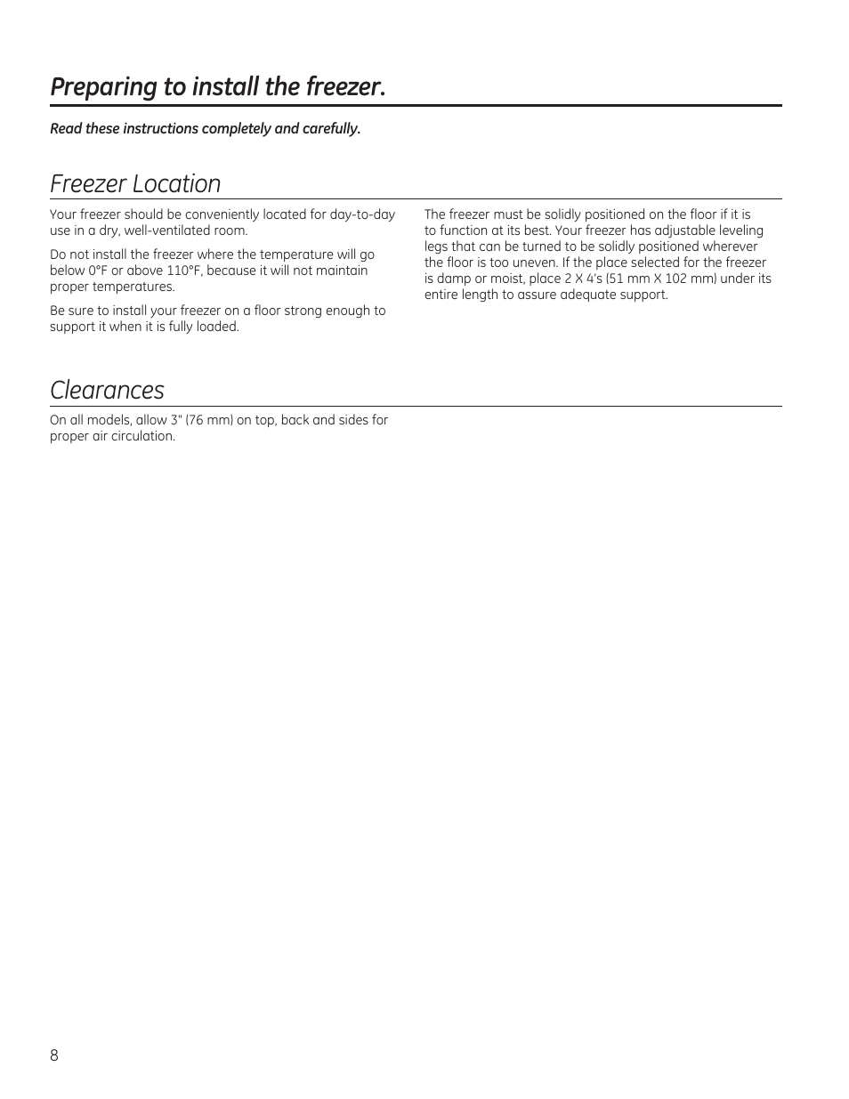 Preparing to install the freezer, Uhh]hu/rfdwlrq, Ohdudqfhv | GE FCM7SUWW User Manual | Page 8 / 36