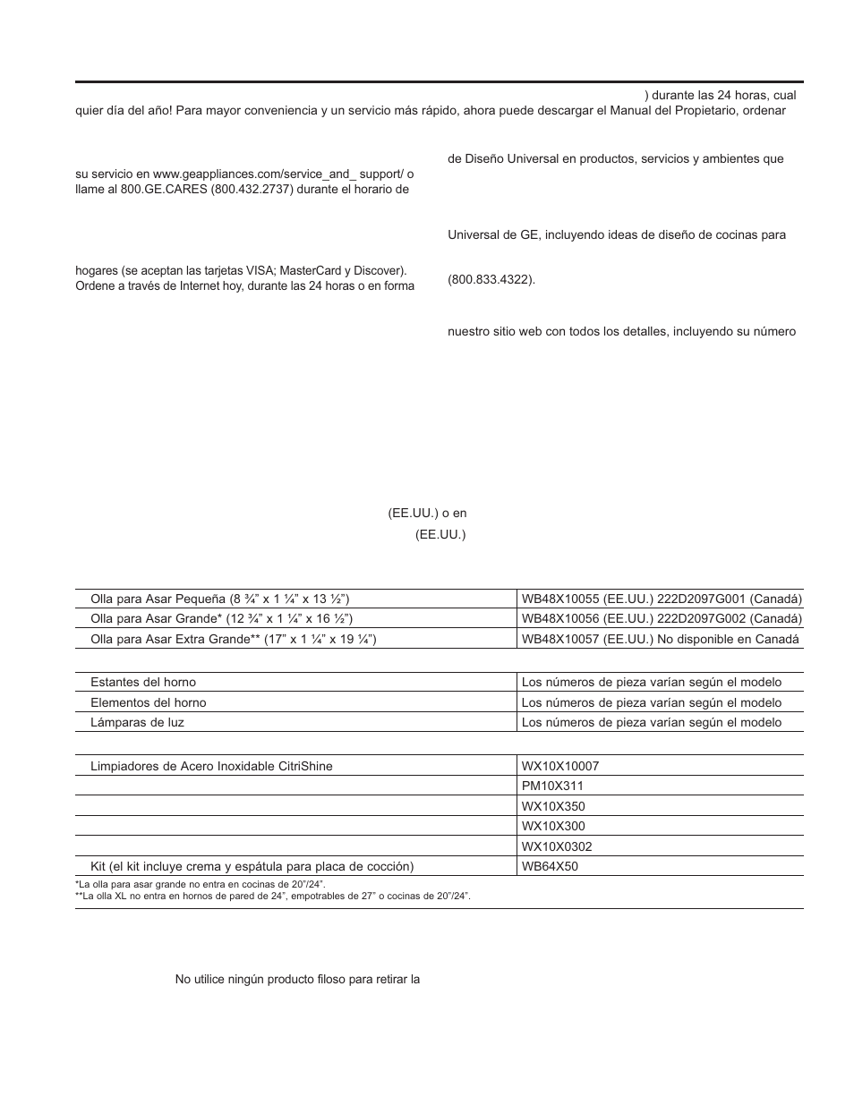 Asistencia / a c cesorios, Accesorios | GE JB870TFWW User Manual | Page 36 / 56