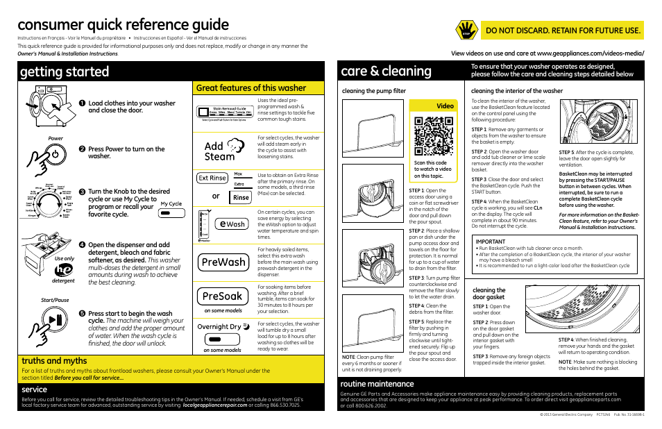 Consumer quick reference guide, Care & cleaning, Getting started | Great features of this washer, Truths and myths, Service, Routine maintenance, Do not discard. retain for future use | GE GFWR4800FWW User Manual | Page 2 / 2