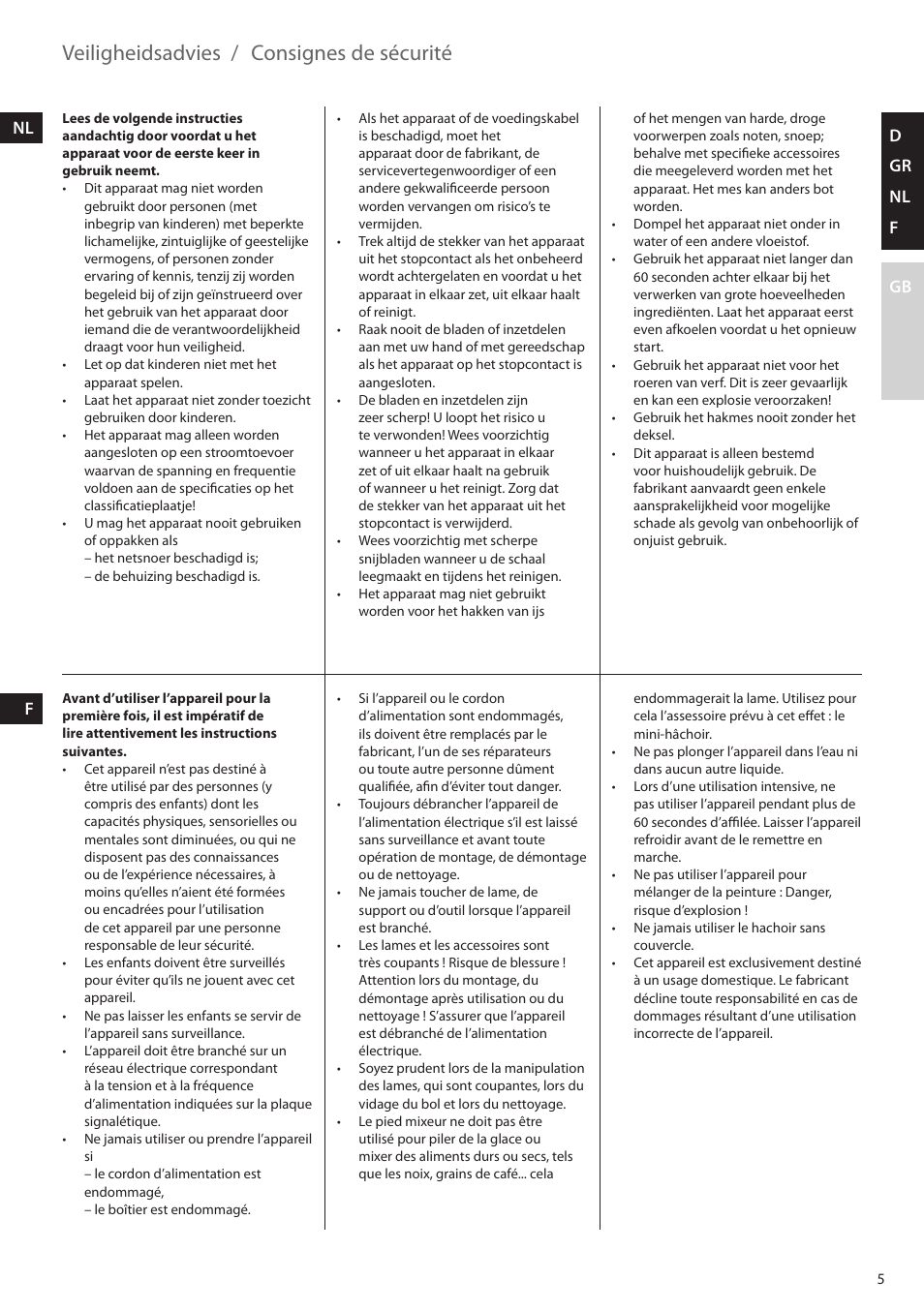 Veiligheidsadvies, Consignes de sécurité, D gr nl f gb nl f | AEG STM5400 User Manual | Page 5 / 24