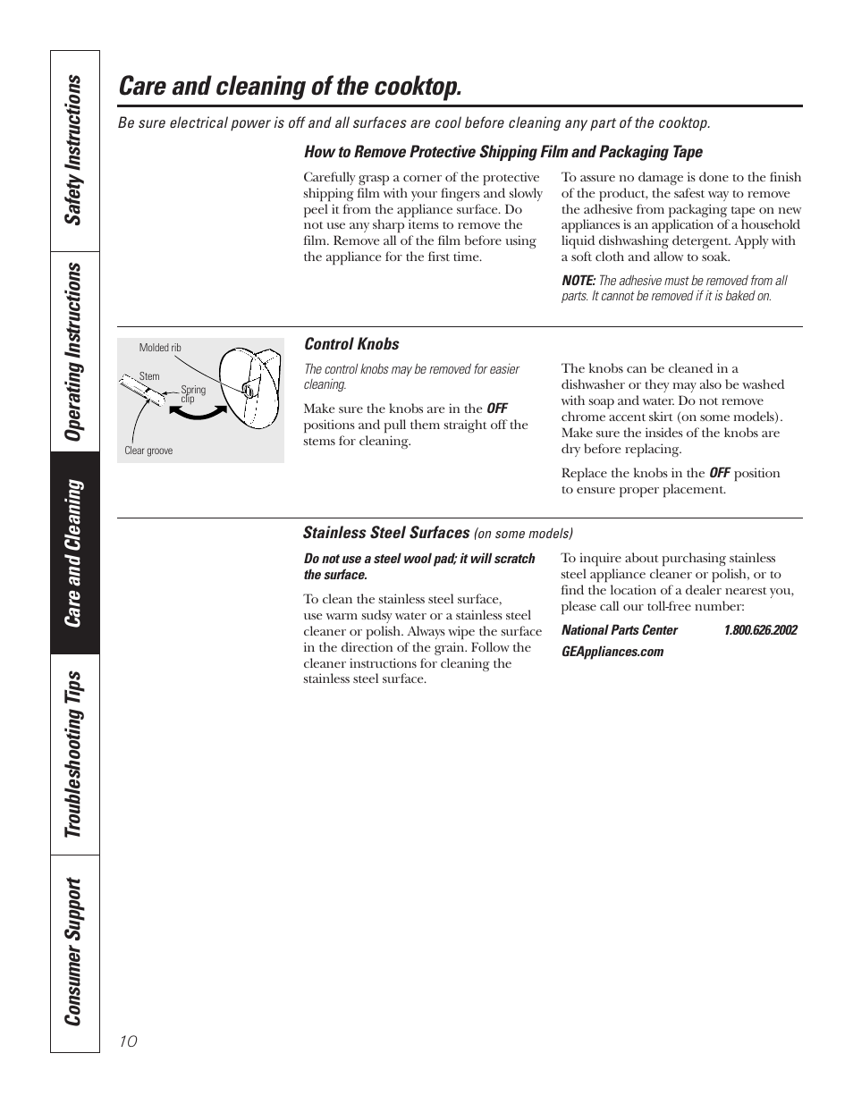 Control knobs, Stainless steel surfaces, Care and cleaning of the cooktop | GE JP336DDBB User Manual | Page 10 / 32