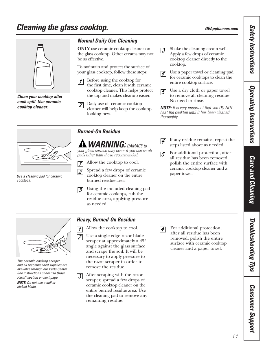 Glass cooktop, Glass cooktop , 12, Cleaning the glass cooktop | Warning | GE JP336DDBB User Manual | Page 11 / 32
