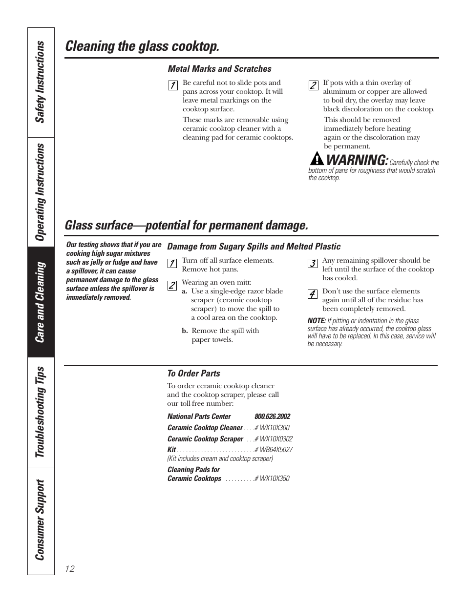 Cleaning the glass cooktop, Warning, Glass surface—potential for permanent damage | GE JP336DDBB User Manual | Page 12 / 32