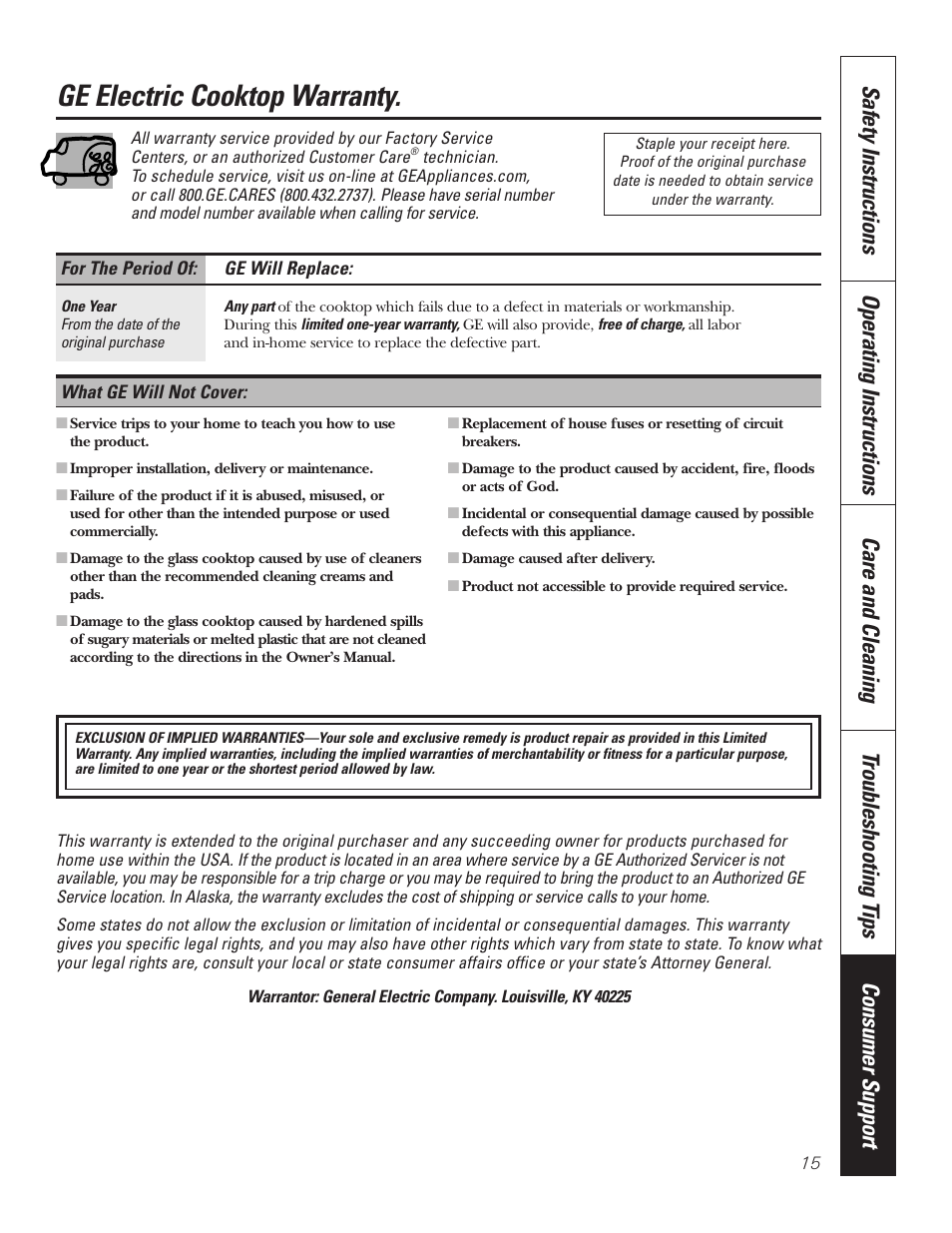 Warranty, Ge electric cooktop warranty | GE JP336DDBB User Manual | Page 15 / 32