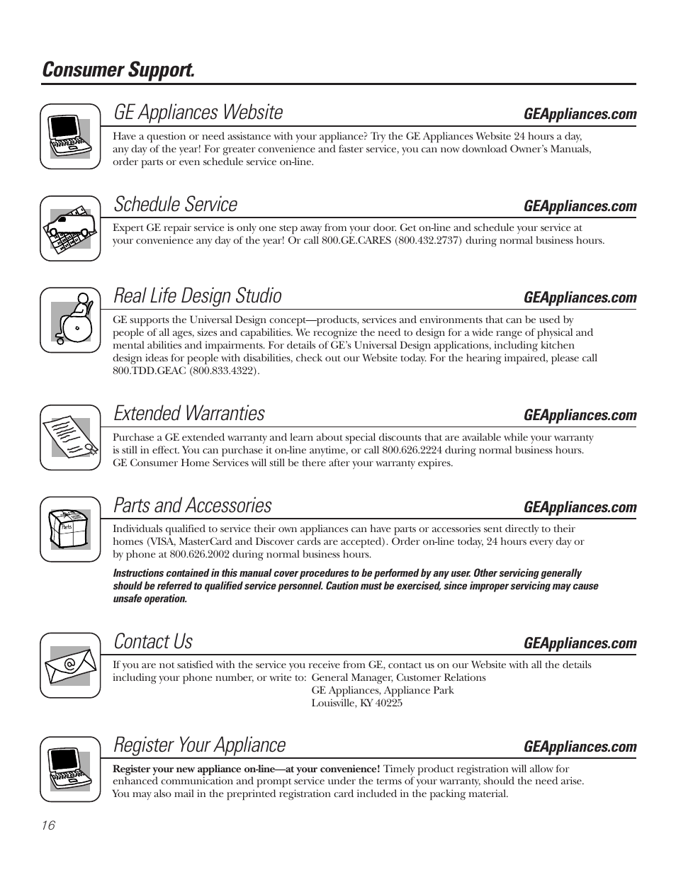 Consumer support, Consumer support. ge appliances website, Schedule service | Real life design studio, Extended warranties, Parts and accessories, Contact us, Register your appliance | GE JP336DDBB User Manual | Page 16 / 32