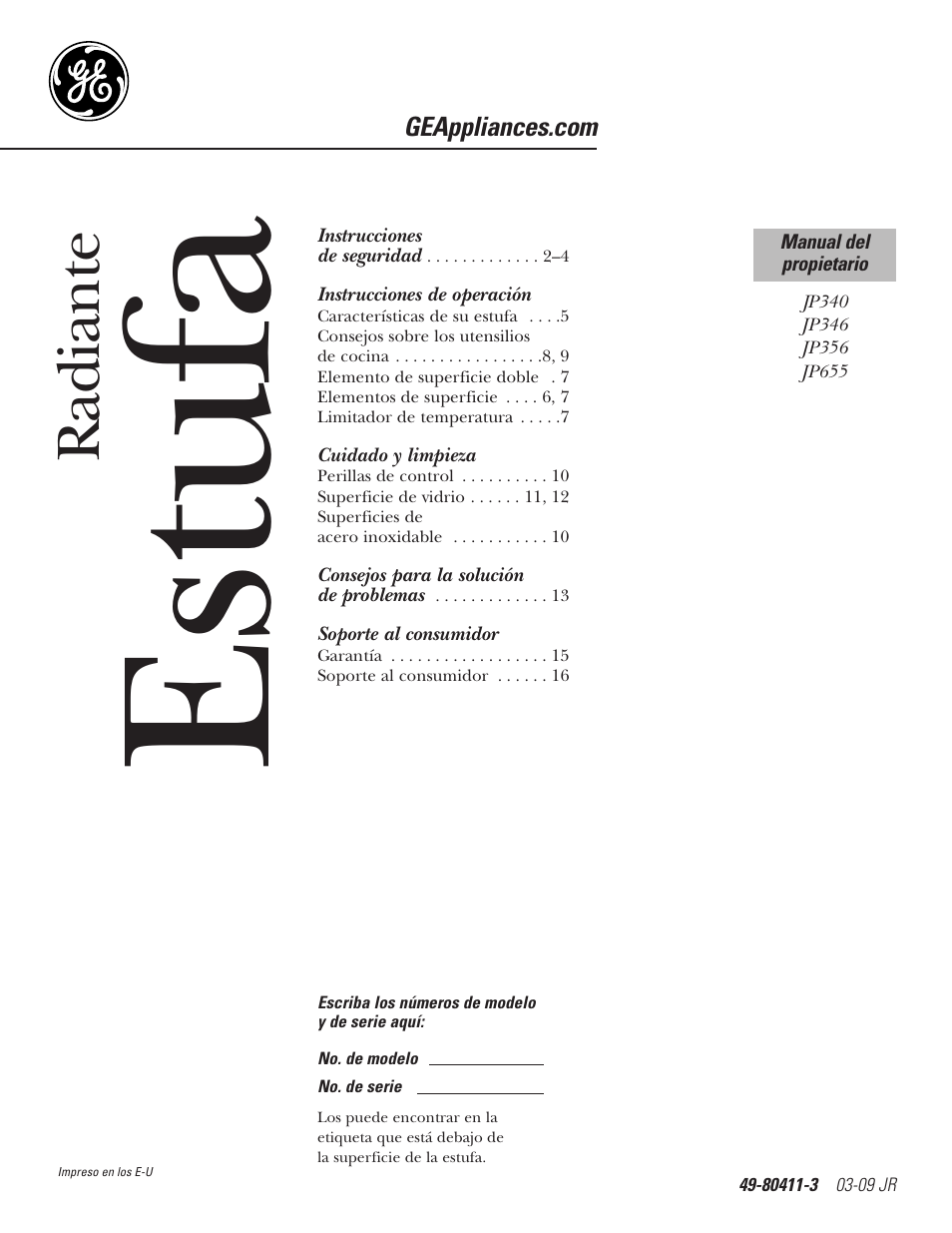Spanish, Instrucciones de operación, Cuidado y limpieza | Soporte al consumidor, Estufa, Radiante | GE JP336DDBB User Manual | Page 17 / 32