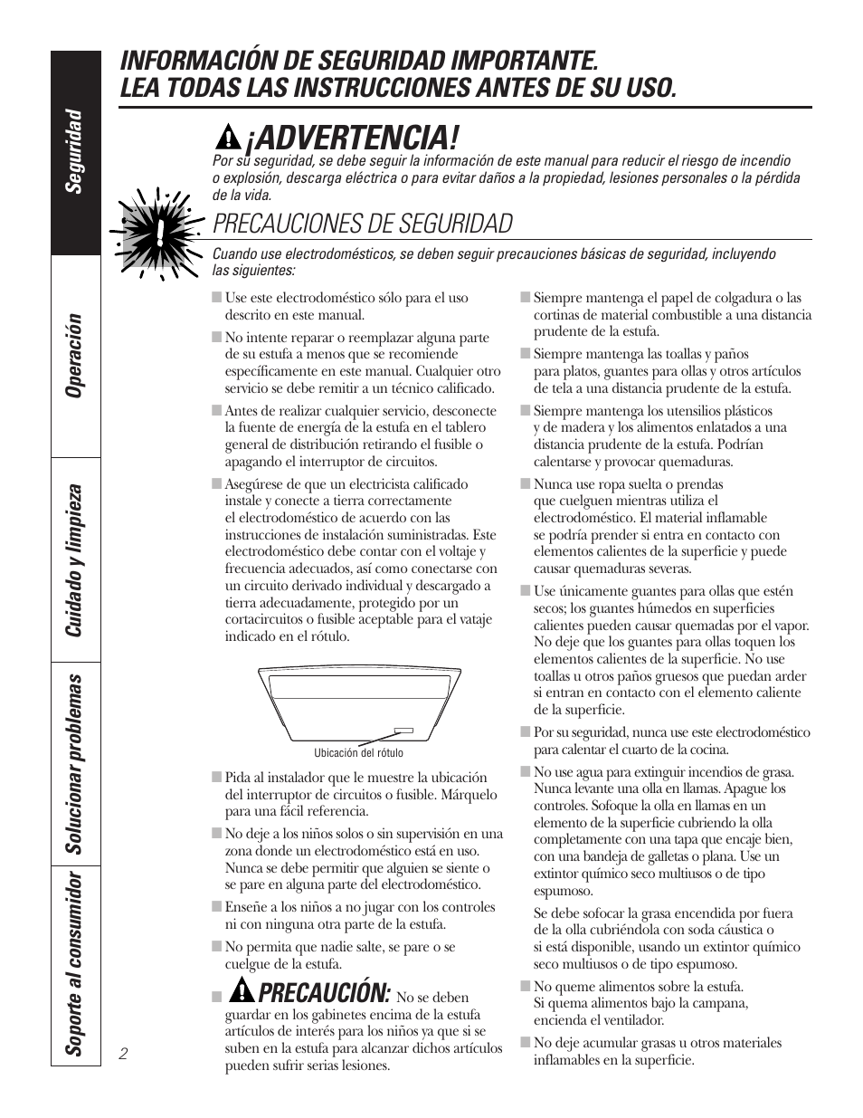 Instrucciones de seguridad, Advertencia, Precaución | Precauciones de seguridad | GE JP336DDBB User Manual | Page 18 / 32