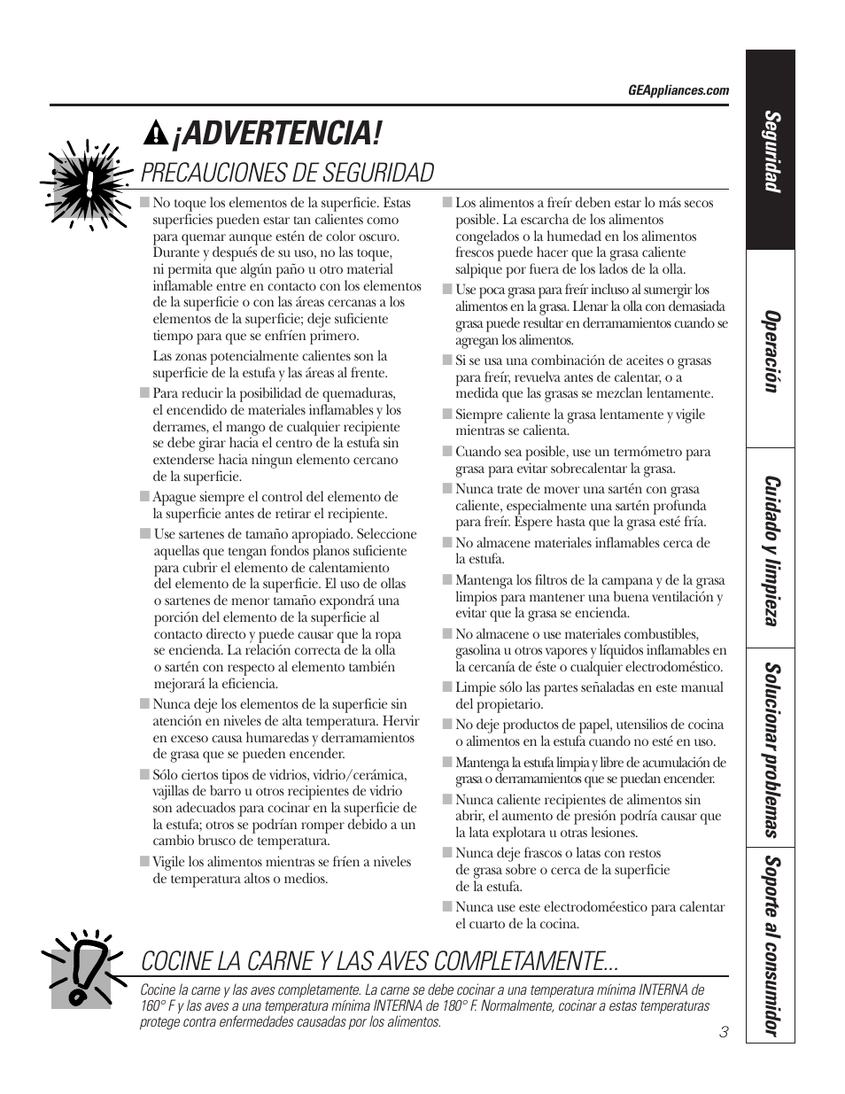 Advertencia, Cocine la carne y las aves completamente, Precauciones de seguridad | GE JP336DDBB User Manual | Page 19 / 32