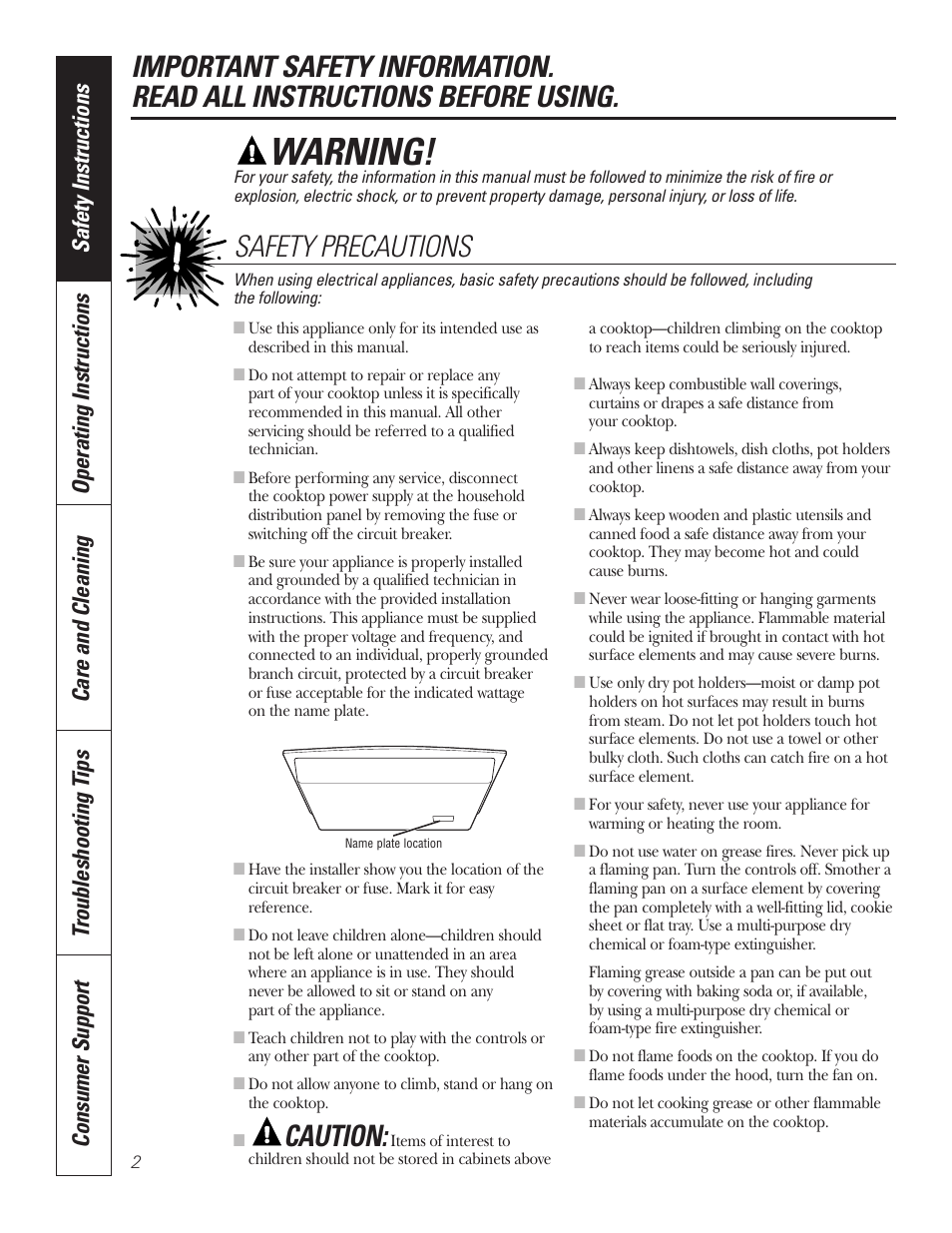 Safety instructions, Warning, Caution | Safety precautions | GE JP336DDBB User Manual | Page 2 / 32
