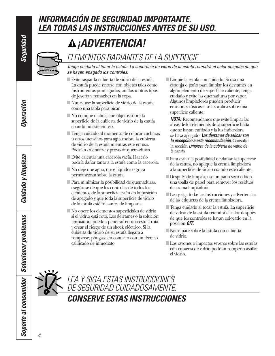 Advertencia, Elementos radiantes de la superficie | GE JP336DDBB User Manual | Page 20 / 32