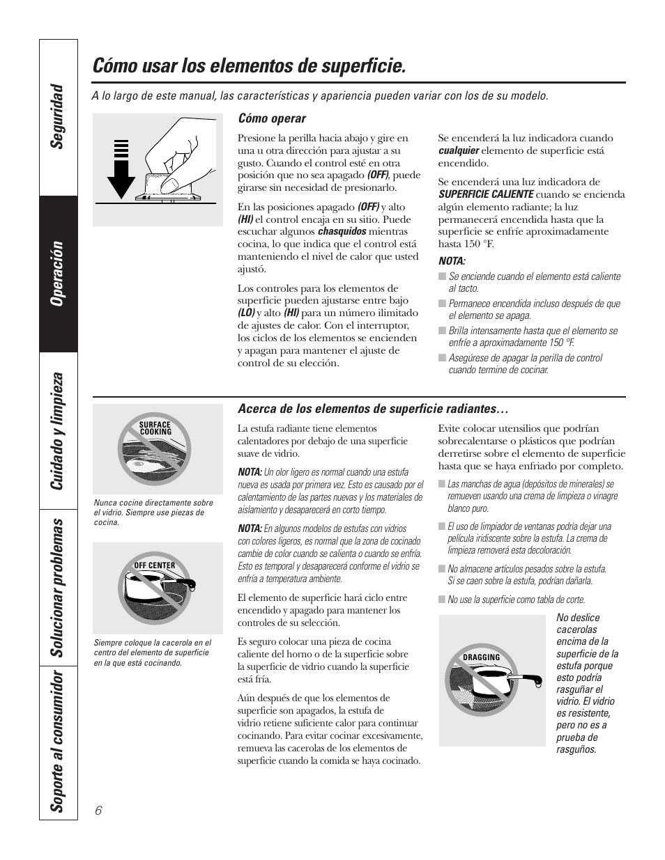 Elementos de superficie, Elementos de superficie , 7, Cómo usar los elementos de superficie | GE JP336DDBB User Manual | Page 22 / 32