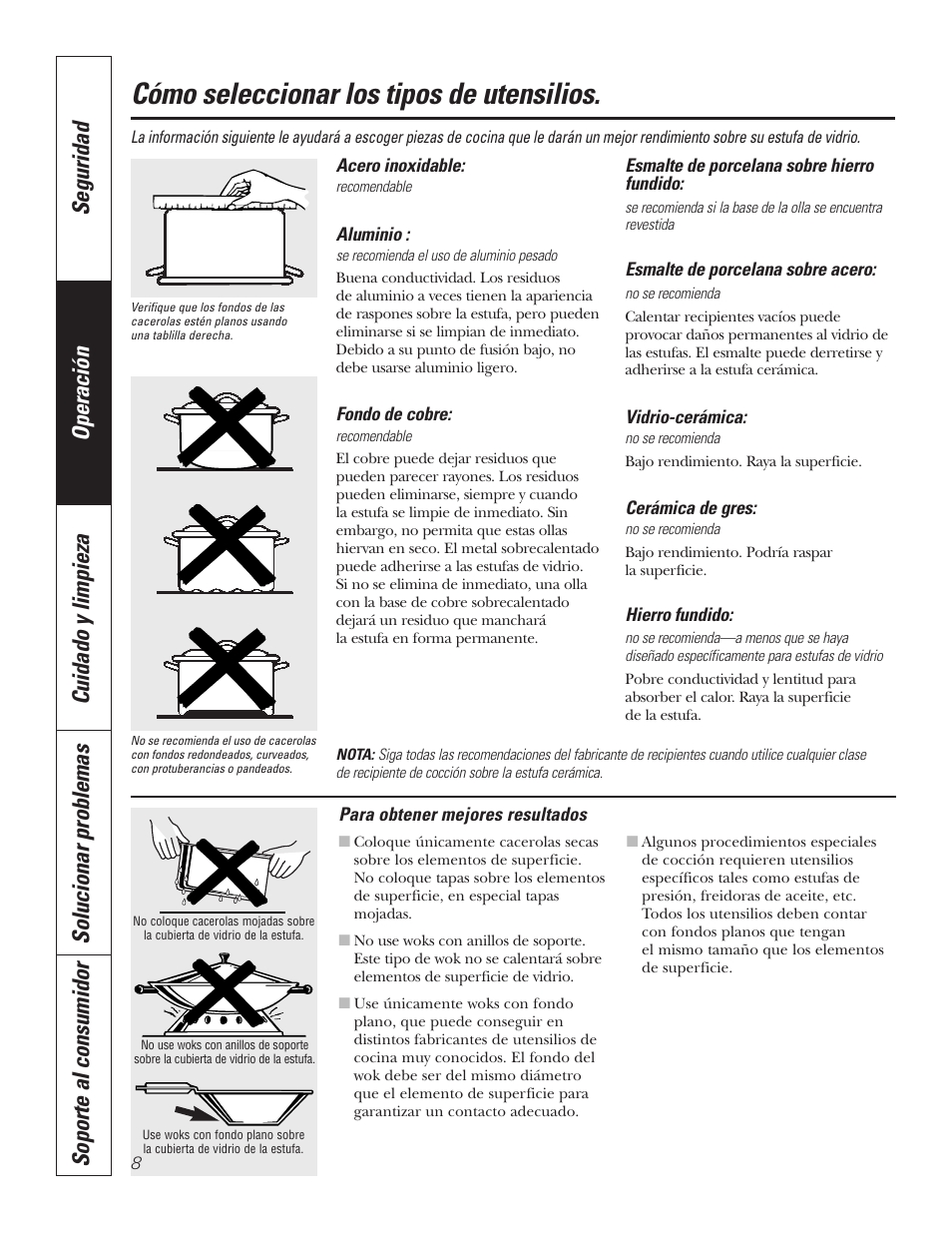 Consejos sobre los utensilios de cocina, Consejos sobre los utensilios de cocina , 9, Cómo seleccionar los tipos de utensilios | GE JP336DDBB User Manual | Page 24 / 32