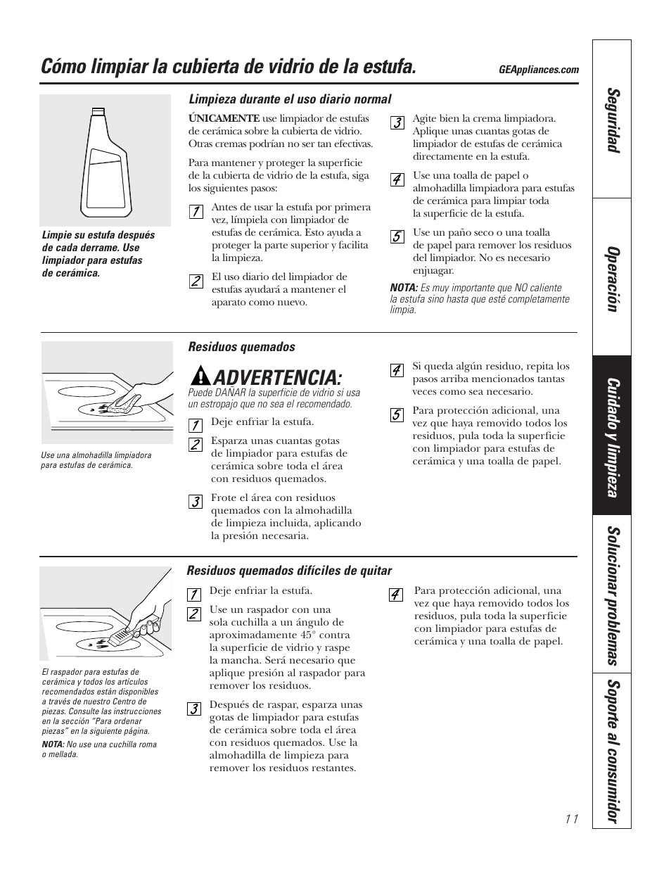 Superficie de vidrio, Superficie de vidrio , 12, Cómo limpiar la cubierta de vidrio de la estufa | Advertencia | GE JP336DDBB User Manual | Page 27 / 32