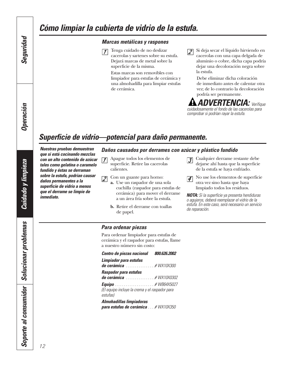 Cómo limpiar la cubierta de vidrio de la estufa, Advertencia | GE JP336DDBB User Manual | Page 28 / 32