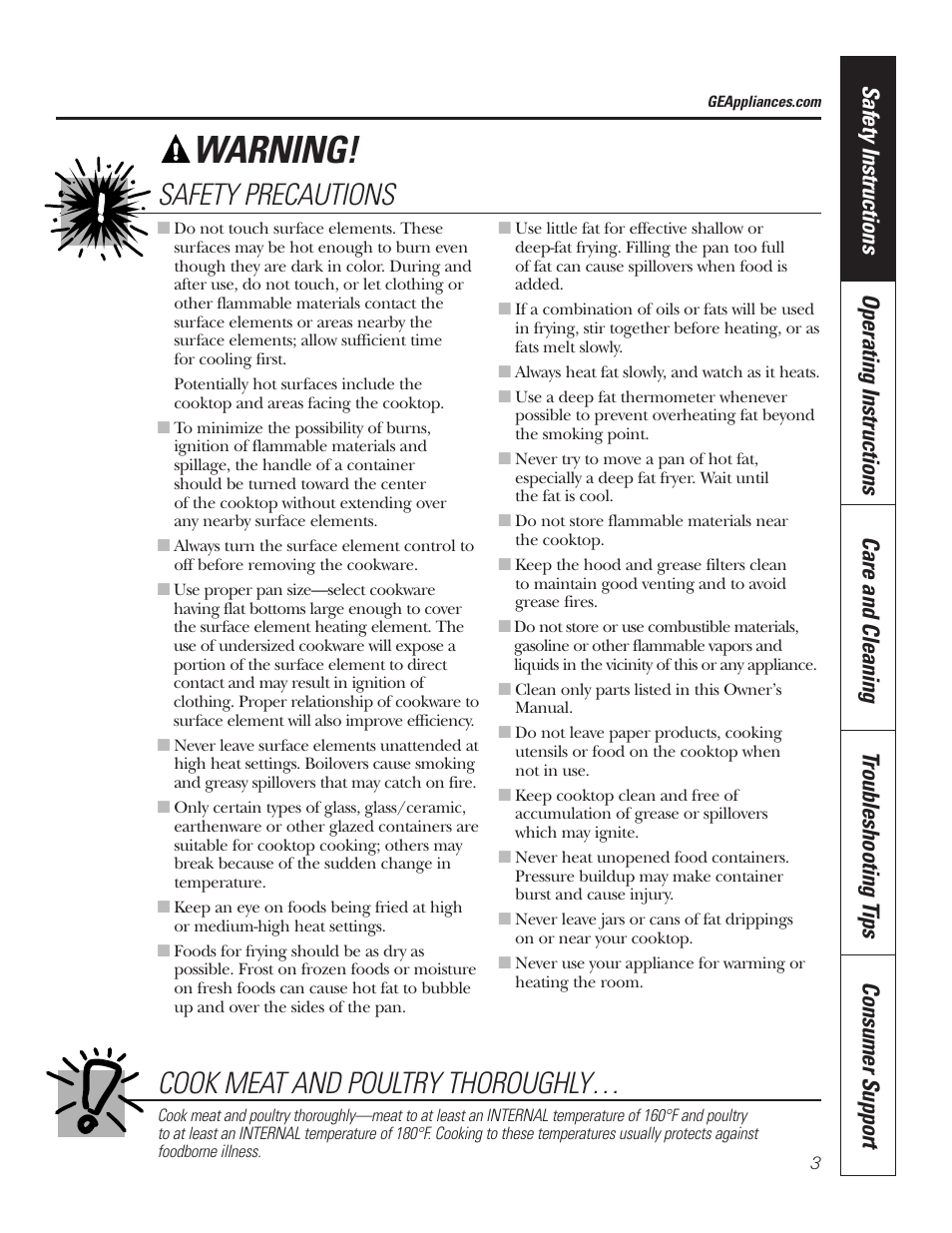 Warning, Cook meat and poultry thoroughly, Safety precautions | GE JP336DDBB User Manual | Page 3 / 32