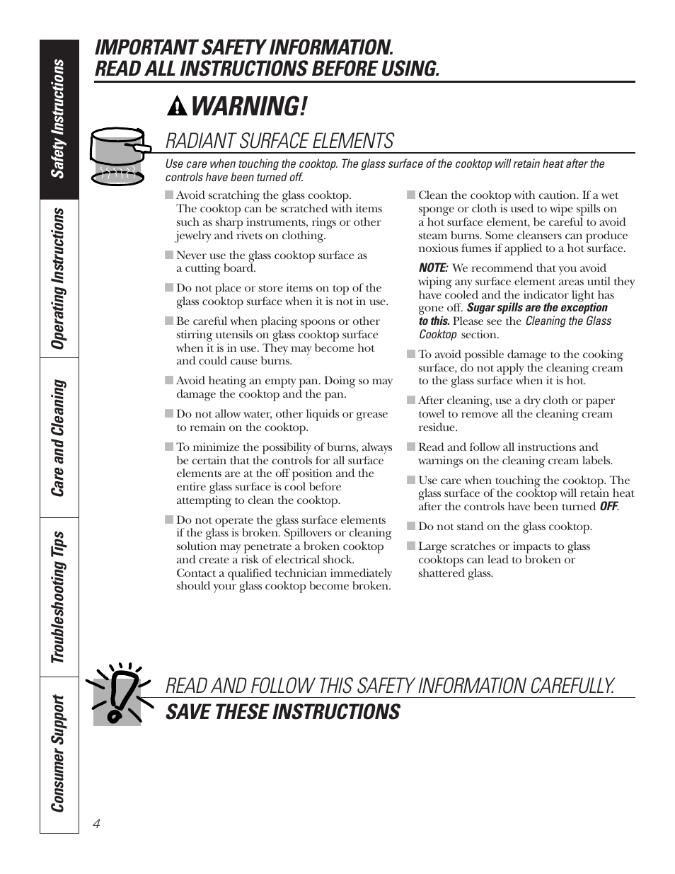 Warning, Radiant surface elements | GE JP336DDBB User Manual | Page 4 / 32