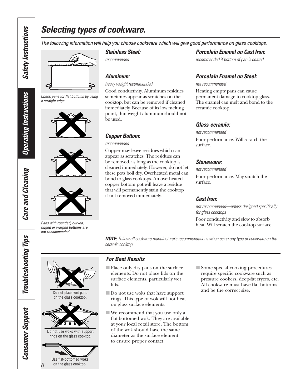 Cookware tips, Cookware tips , 9, Selecting types of cookware | GE JP336DDBB User Manual | Page 8 / 32