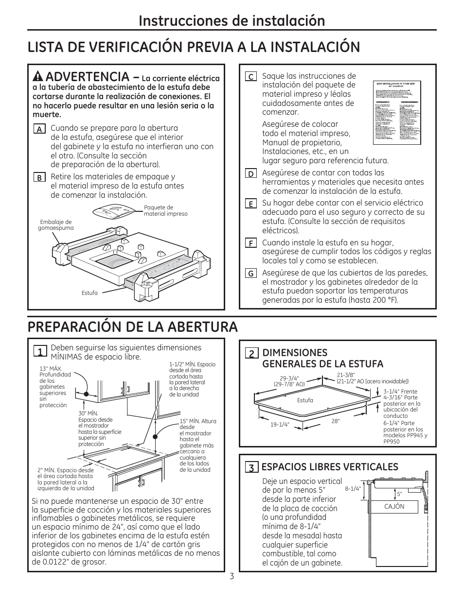 Instrucciones de instalación, Lista de verificación previa a la instalación, Preparación de la abertura | Advertencia, Dimensiones generales de la estufa 3, Espacios libres verticales | GE JP356BMBB User Manual | Page 11 / 16