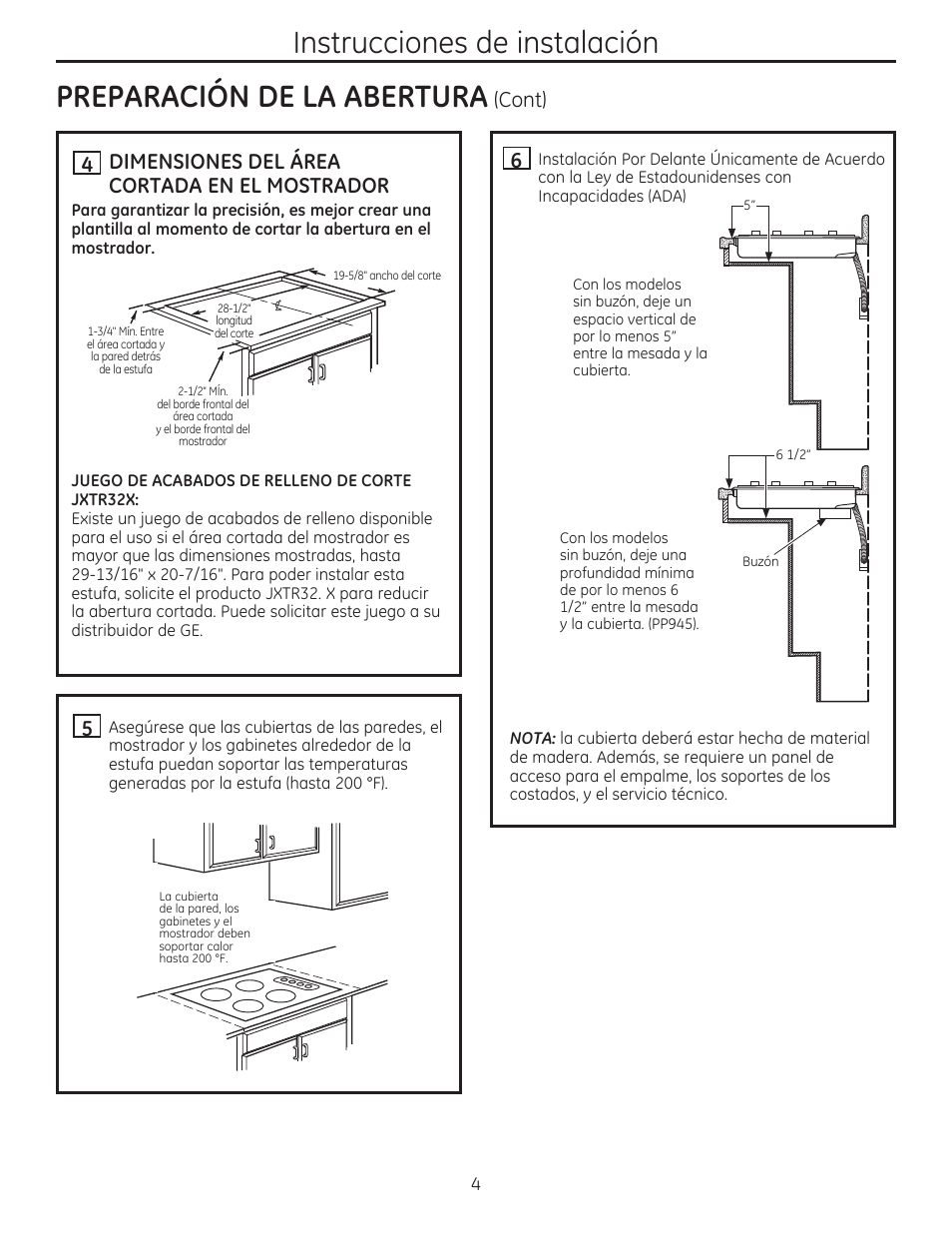 Dimensiones del área cortada en el mostrador, Cont) 6 | GE JP356BMBB User Manual | Page 12 / 16