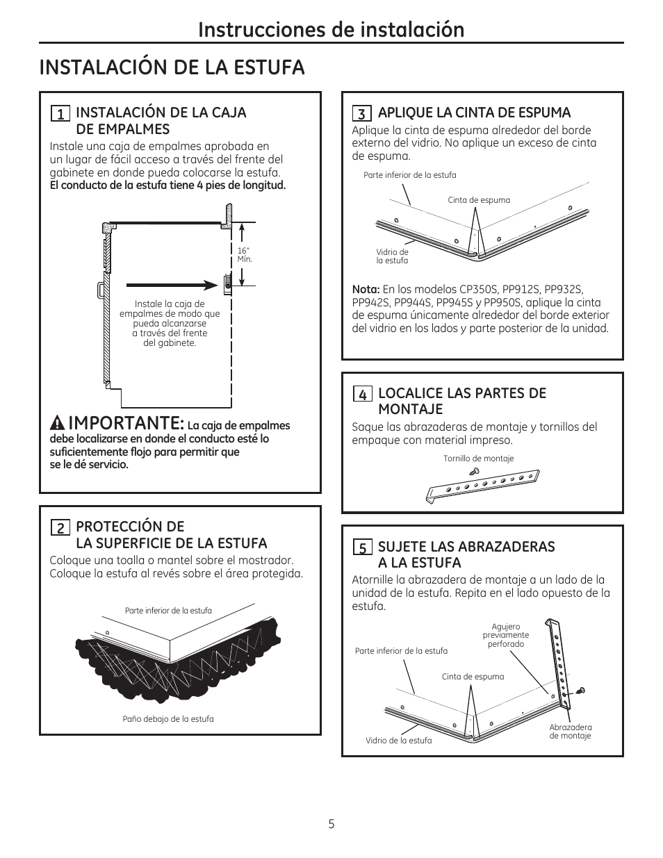 Importante, Instalación de la caja de empalmes, Protección de la superficie de la estufa | Aplique la cinta de espuma, Localice las partes de montaje, Sujete las abrazaderas a la estufa | GE JP356BMBB User Manual | Page 13 / 16