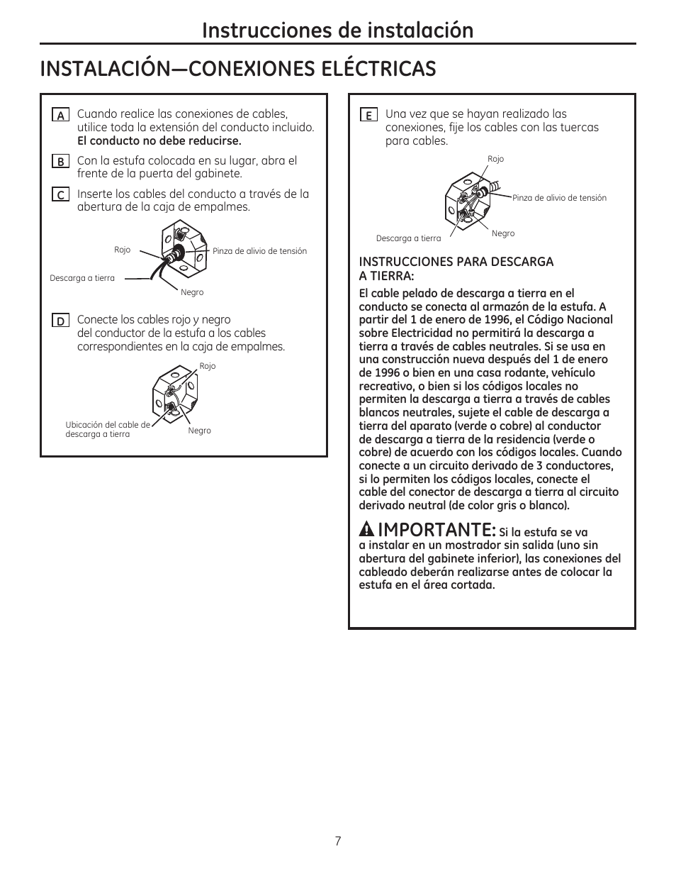 Instrucciones de instalación, Importante | GE JP356BMBB User Manual | Page 15 / 16