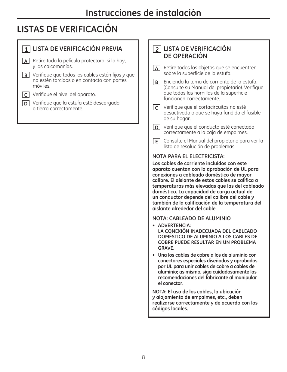 Instrucciones de instalación, Listas de verificación | GE JP356BMBB User Manual | Page 16 / 16