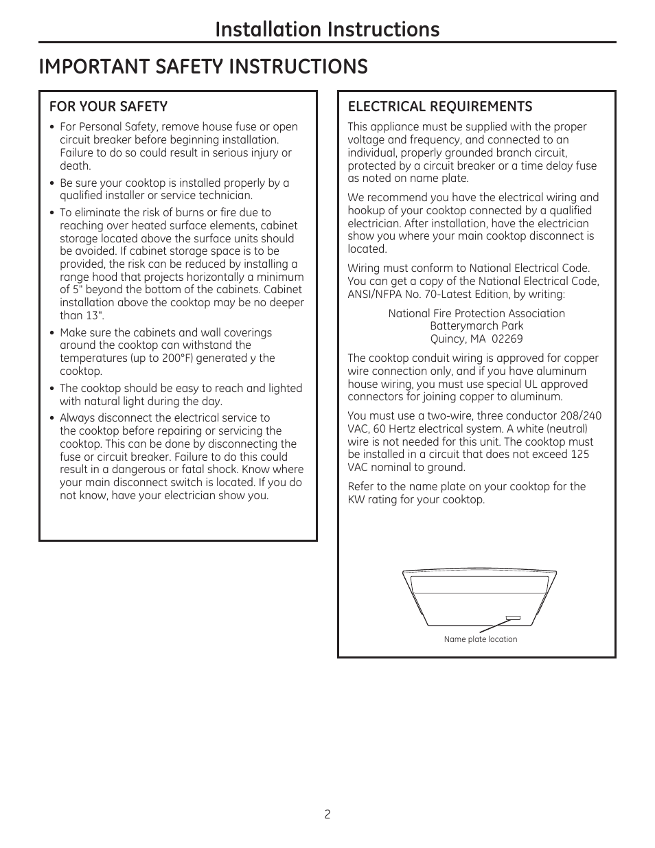 Installation instructions, Important safety instructions | GE JP356BMBB User Manual | Page 2 / 16