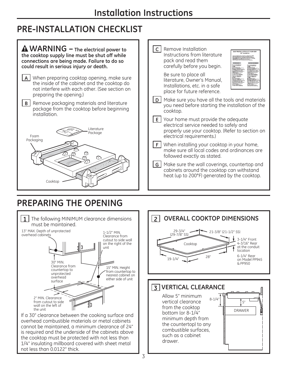 Preparing the opening, Warning, Overall cooktop dimensions 3 | Vertical clearance | GE JP356BMBB User Manual | Page 3 / 16