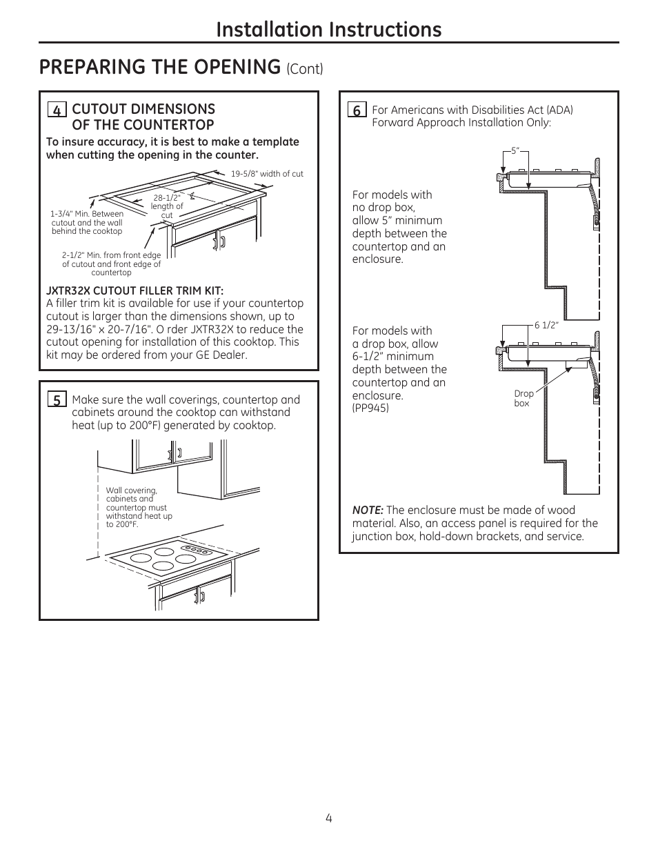 Installation instructions preparing the opening, Cutout dimensions of the countertop, Cont) 5 | GE JP356BMBB User Manual | Page 4 / 16