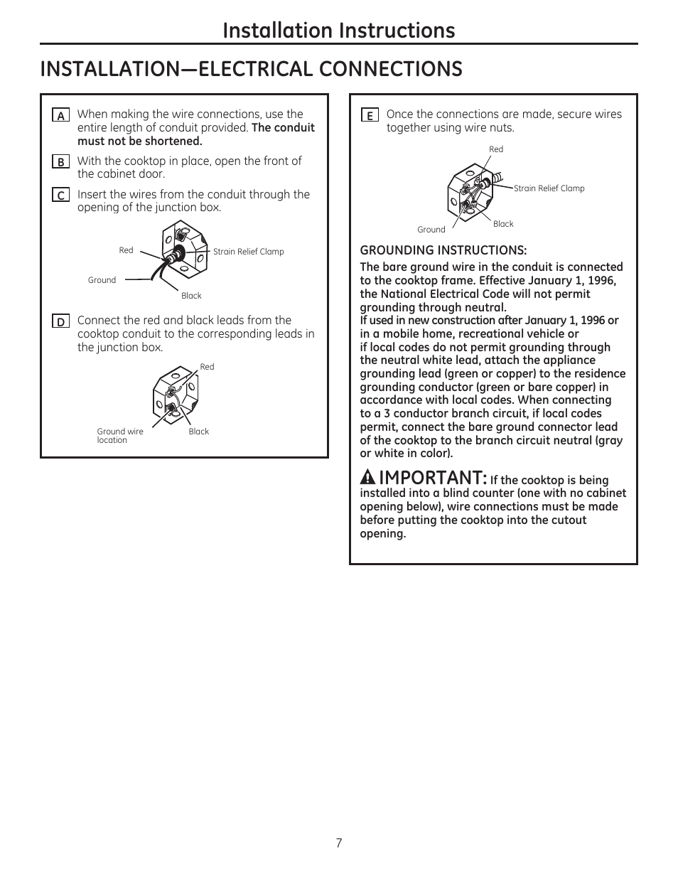 Installation instructions, Important | GE JP356BMBB User Manual | Page 7 / 16