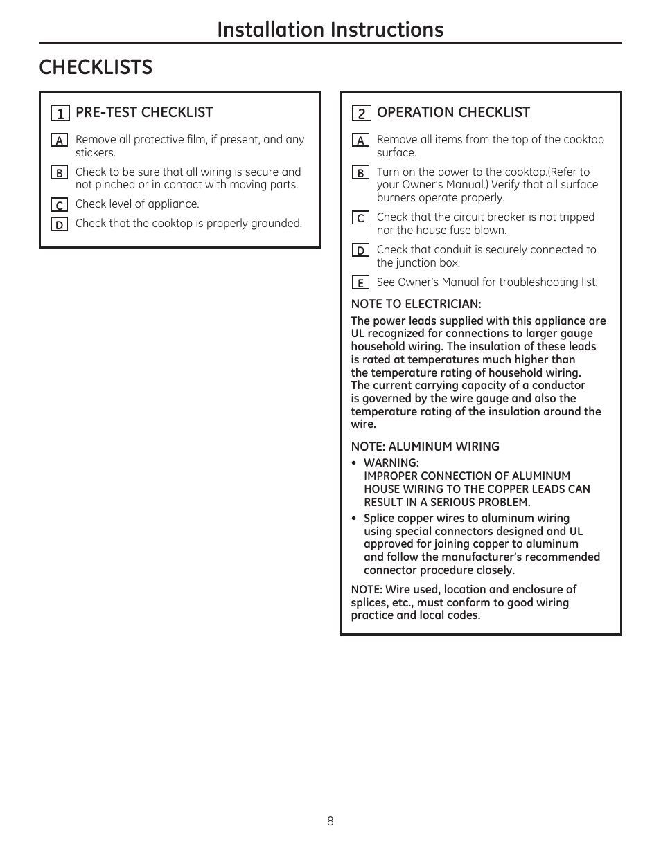 Installation instructions, Checklists | GE JP356BMBB User Manual | Page 8 / 16