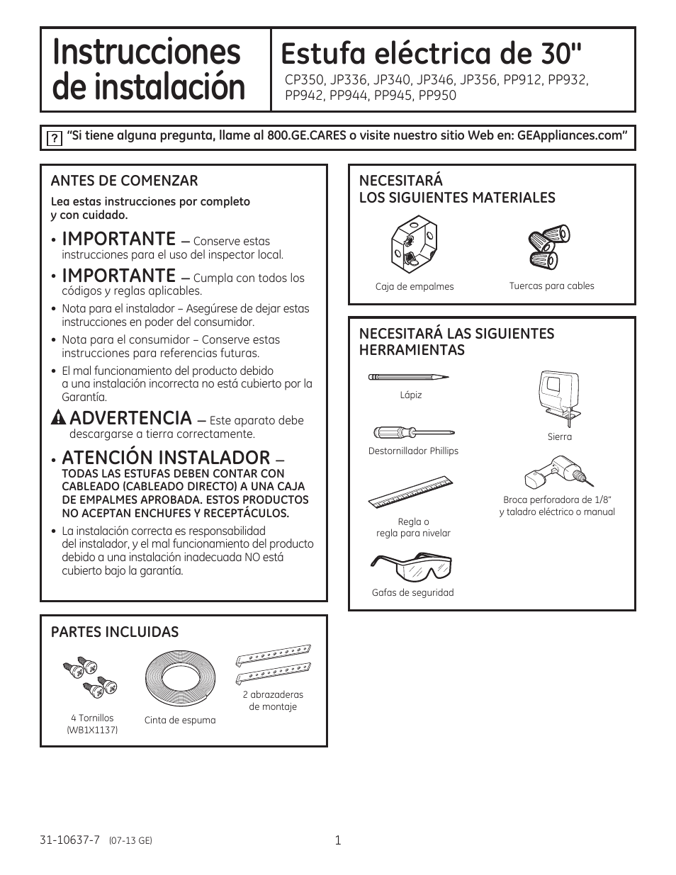 10637-7_sp_lores, Instrucciones, De instalación | Estufa eléctrica de 30, Importante, Advertencia, Atención instalador | GE JP356BMBB User Manual | Page 9 / 16