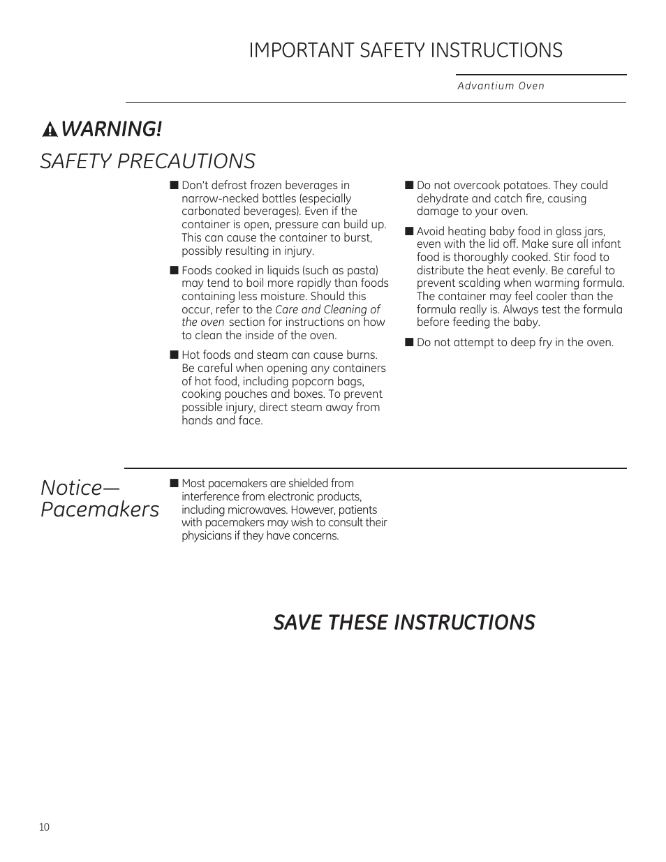 Warning, Safety precautions save these instructions, 1rwlfh³ pacemakers | GE PSB9120DFBB User Manual | Page 10 / 76