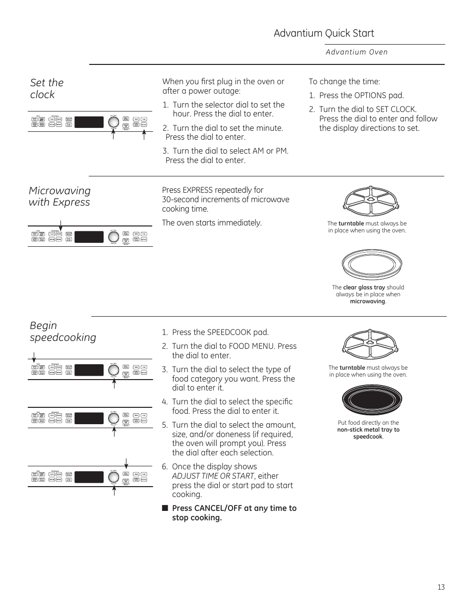 Advantium quick start, Set the clock, Begin speedcooking microwaving with express | GE PSB9120DFBB User Manual | Page 13 / 76
