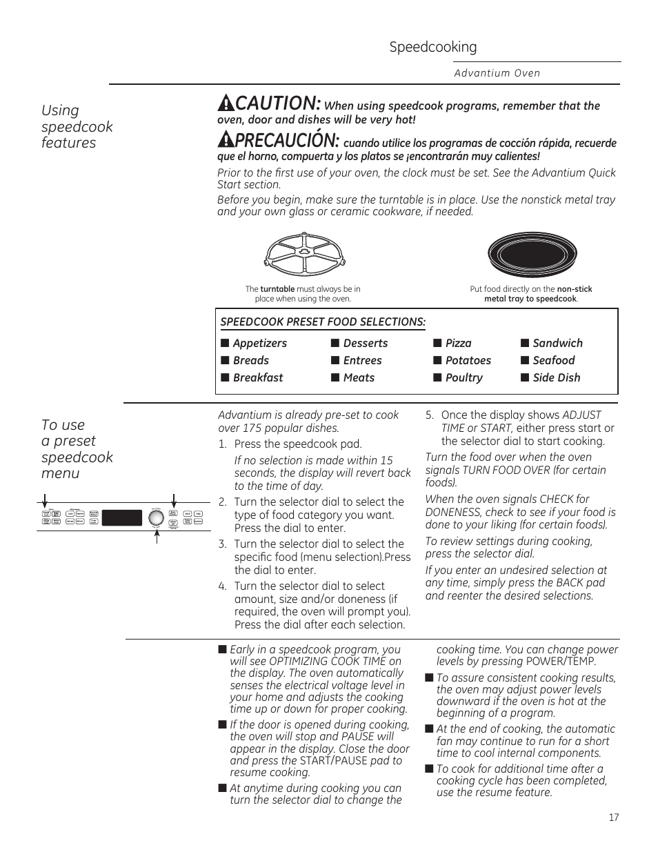 Caution, Precaución, Speedcooking | Using speedcook features | GE PSB9120DFBB User Manual | Page 17 / 76